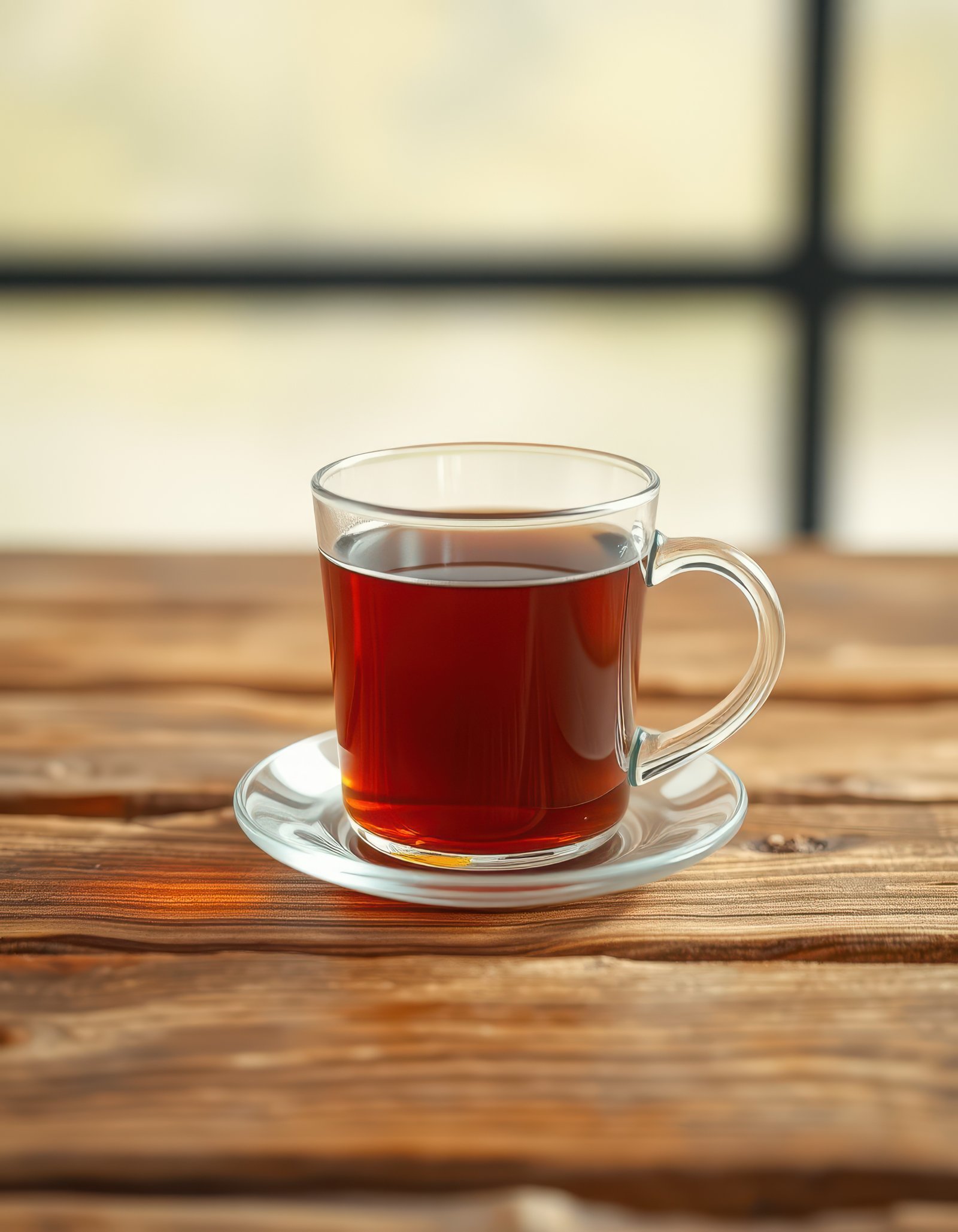 Hot black tea in a glass cup sits on a wooden table against a blurred background during afternoon